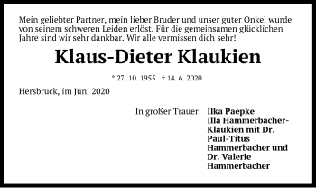 Traueranzeige von Klaus-Dieter Klaukien von Hersbrucker Zeitung