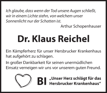 Traueranzeige von Klaus Reichel von Hersbrucker Zeitung