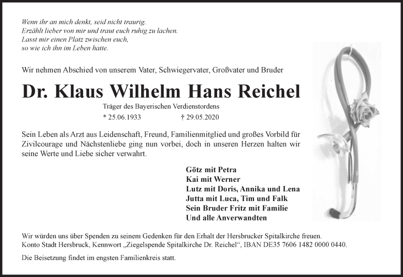  Traueranzeige für Klaus Reichel vom 06.06.2020 aus Hersbrucker Zeitung