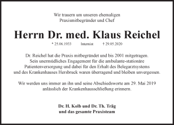 Traueranzeige von Klaus Reichel von Hersbrucker Zeitung