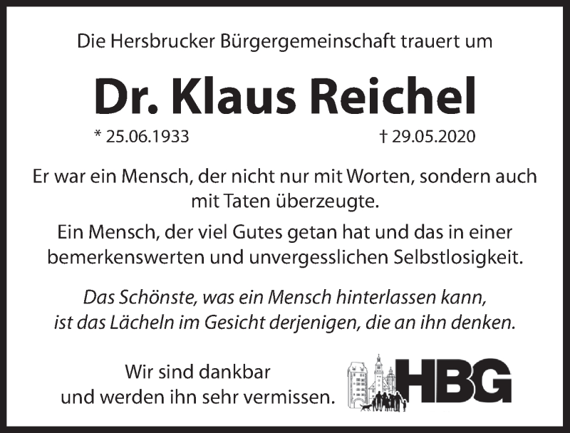  Traueranzeige für Klaus Reichel vom 06.06.2020 aus Hersbrucker Zeitung