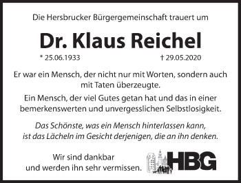 Traueranzeige von Klaus Reichel von Hersbrucker Zeitung