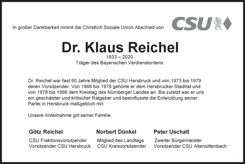  Traueranzeige für Klaus Reichel vom 06.06.2020 aus Hersbrucker Zeitung