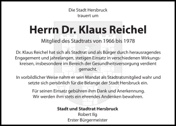Traueranzeige von Klaus Reichel von Hersbrucker Zeitung