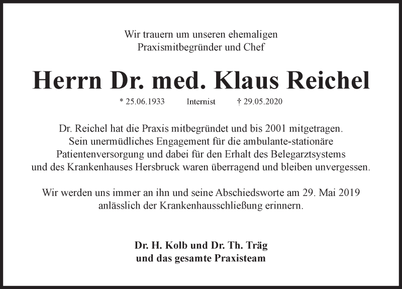  Traueranzeige für Klaus Reichel vom 06.06.2020 aus Hersbrucker Zeitung