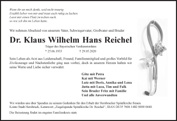 Traueranzeige von Klaus Reichel von Hersbrucker Zeitung