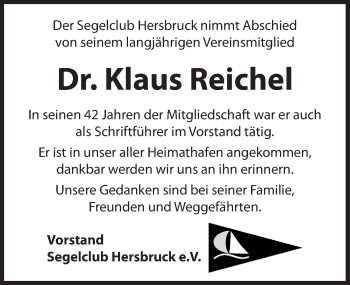 Traueranzeige von Klaus Reichel von Hersbrucker Zeitung