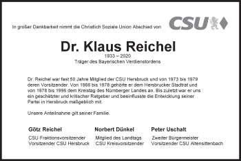 Traueranzeige von Klaus Reichel von Hersbrucker Zeitung