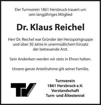 Traueranzeige von Klaus Reichel von Hersbrucker Zeitung