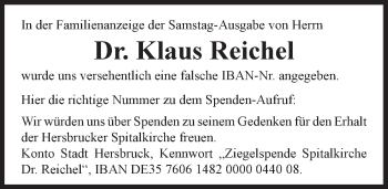 Traueranzeige von Klaus Reichel von Hersbrucker Zeitung