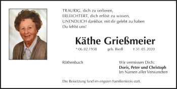 Traueranzeige von Käthe Grießmeier von Pegnitz-Zeitung