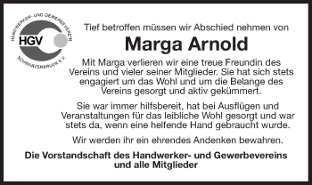 Traueranzeige von Marga Arnold von Der Bote