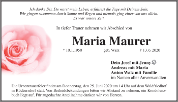 Traueranzeige von Maria Maurer von Pegnitz-Zeitung