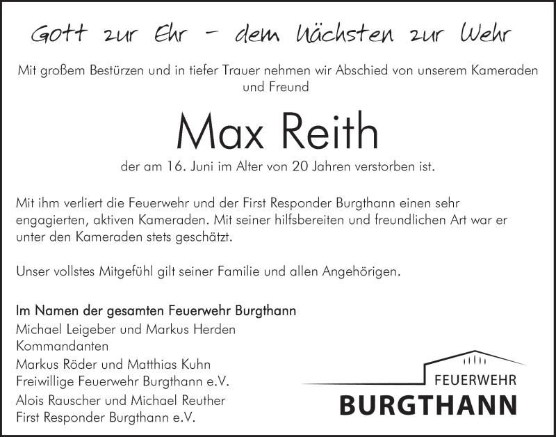  Traueranzeige für Max Reith vom 27.06.2020 aus Der Bote