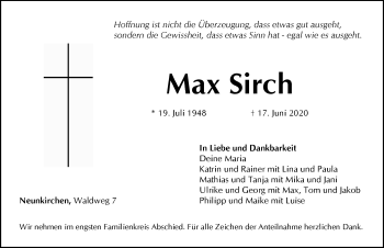 Traueranzeige von Max Sirch von Pegnitz-Zeitung