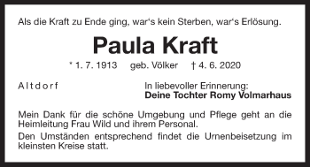 Traueranzeige von Paula Kraft von Der Bote