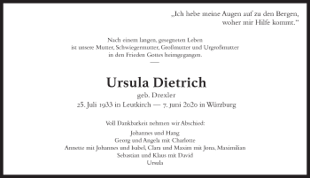 Traueranzeige von Ursula Dietrich von Pegnitz-Zeitung