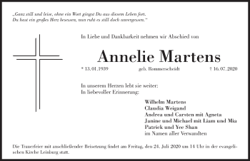 Traueranzeige von Annelie Martens von Pegnitz-Zeitung