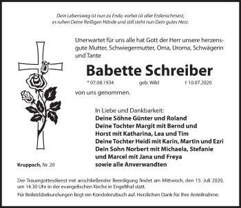 Traueranzeige von Babette Schreiber von Hersbrucker Zeitung