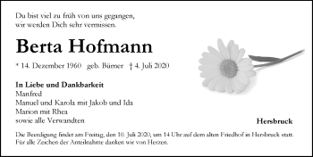 Traueranzeige von Berta Hofmann von Hersbrucker Zeitung
