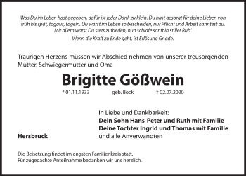 Traueranzeige von Brigitte Gößwein von Hersbrucker Zeitung