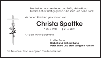 Traueranzeige von Christa Spottke von Der Bote