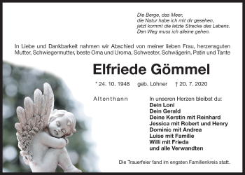 Traueranzeige von Elfriede Gömmel von Der Bote