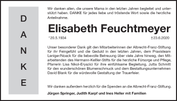 Traueranzeige von Elisabeth Feuchtmeyer von Pegnitz-Zeitung