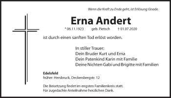 Traueranzeige von Erna Andert von Hersbrucker Zeitung