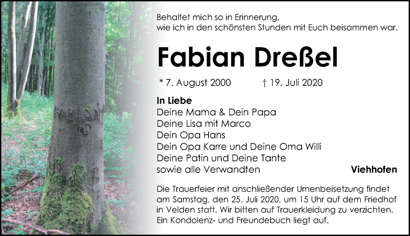  Traueranzeige für Fabian Dreßel vom 23.07.2020 aus Hersbrucker Zeitung