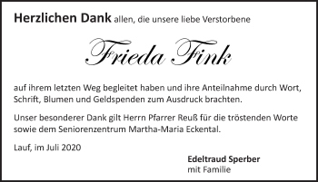Traueranzeige von Frieda Fink von Pegnitz-Zeitung