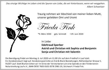 Traueranzeige von Frieda Fink von Pegnitz-Zeitung