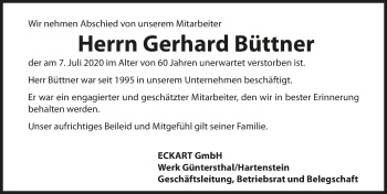 Traueranzeige von Gerhard Büttner von Hersbrucker Zeitung
