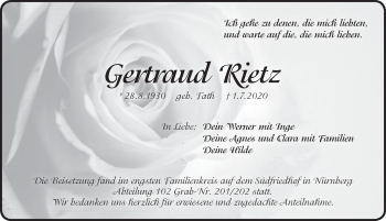Traueranzeige von Gertraud Rietz von Pegnitz-Zeitung