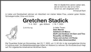 Traueranzeige von Gretchen Stadick von Der Bote