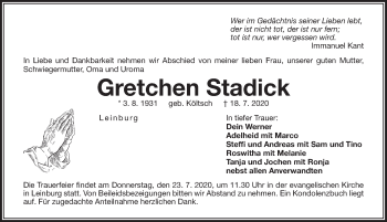 Traueranzeige von Gretchen Stadick von Pegnitz-Zeitung