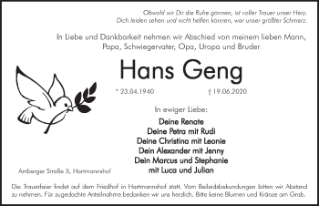 Traueranzeige von Hans Geng von Hersbrucker Zeitung