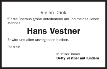 Traueranzeige von Hans Vestner von Der Bote