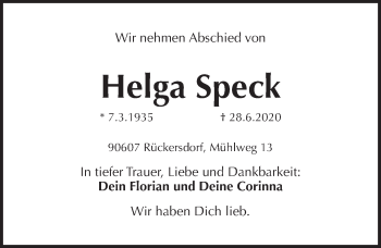 Traueranzeige von Helga Speck von Pegnitz-Zeitung