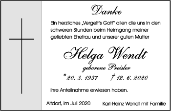 Traueranzeige von Helga Wendt von Der Bote