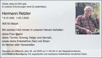 Traueranzeige von Hermann Retzler von Der Bote