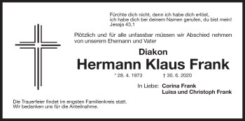 Traueranzeige von Hermann Klaus Frank von Der Bote