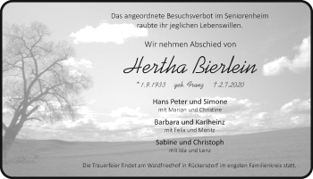Traueranzeige von Hertha Bierlein von Pegnitz-Zeitung