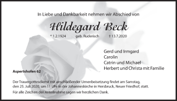 Traueranzeige von Hildegard Beck von Hersbrucker Zeitung