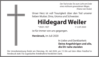 Traueranzeige von Hildegard Weiler von Hersbrucker Zeitung