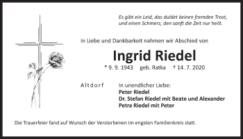 Traueranzeige von Ingrid Riedel von Der Bote