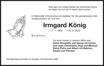 Traueranzeige von Irmgard König von Der Bote