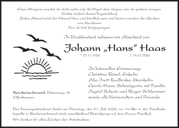 Traueranzeige von Johann Haas von Hersbrucker Zeitung