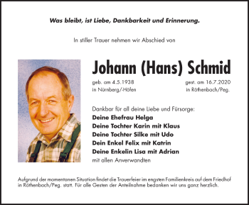 Traueranzeige von Johann  Schmid von Pegnitz-Zeitung