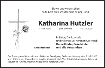 Traueranzeige von Katharina Hutzler von Hersbrucker Zeitung